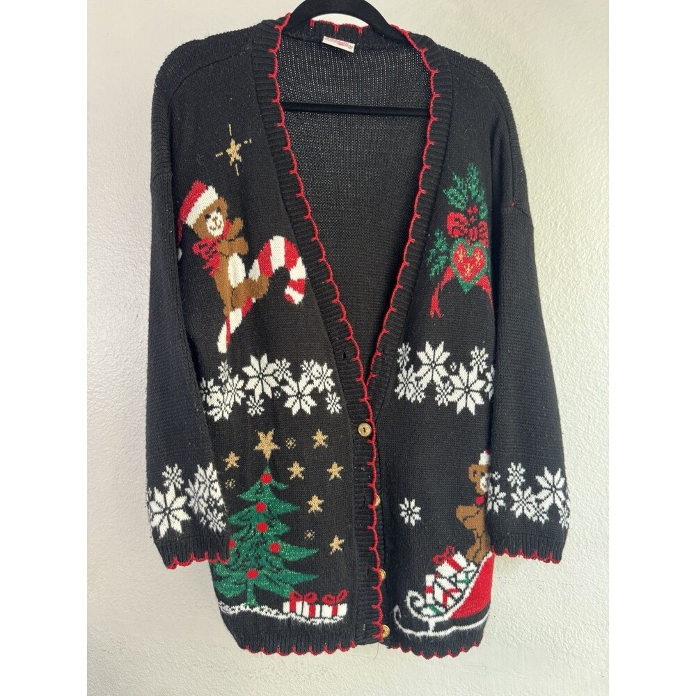 Holiday Time Grandma Christmas Button Up Sweater Teddy Bear IMPERFECTIONS